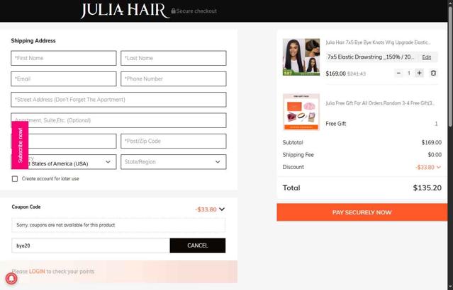 Julia hair checkout page showing Julia hair coupon code box | Screenshot taken by SimplyCodes community member on May 20, 2025