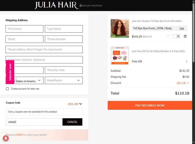 Julia hair checkout page showing Julia hair coupon code box | Screenshot taken by SimplyCodes community member on Jul 30, 2025
