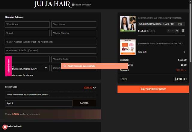 Julia hair checkout page showing Julia hair coupon code box | Screenshot taken by SimplyCodes community member on May 20, 2025