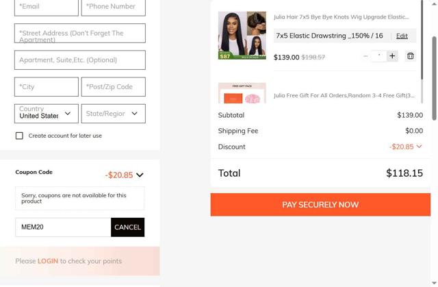 Julia hair checkout page showing Julia hair coupon code box | Screenshot taken by SimplyCodes community member on Aug 30, 2025
