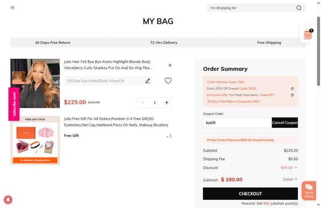 Julia hair checkout page showing Julia hair coupon code box | Screenshot taken by SimplyCodes community member on Jul 19, 2025