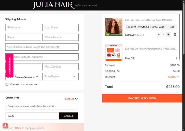 Julia hair checkout page showing Julia hair coupon code box | Screenshot taken by SimplyCodes community member on May 20, 2025