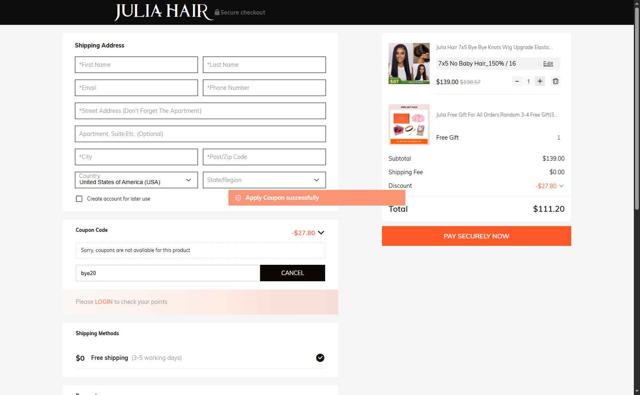 Julia hair checkout page showing Julia hair coupon code box | Screenshot taken by SimplyCodes community member on May 20, 2025