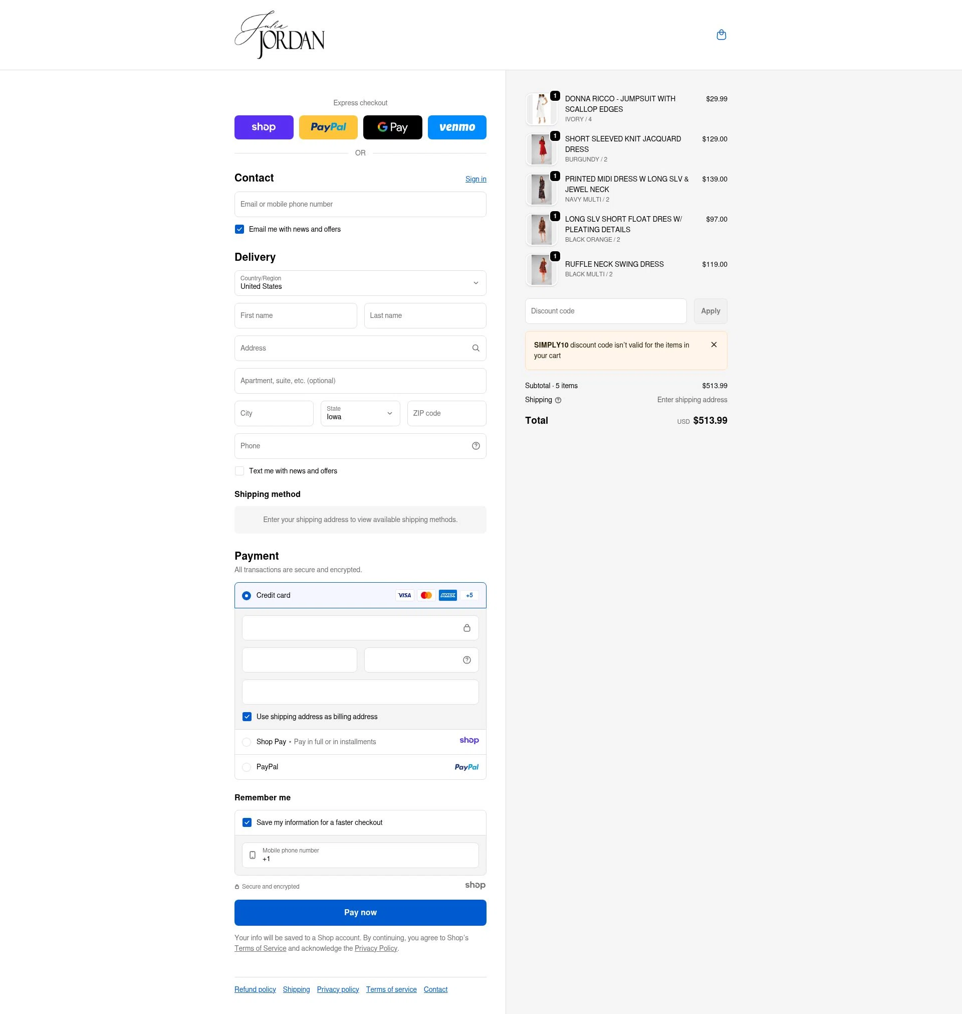 Julia Jordan checkout page showing Julia Jordan promo code box | Screenshot taken by SimplyCodes community member on Dec 31, 2025