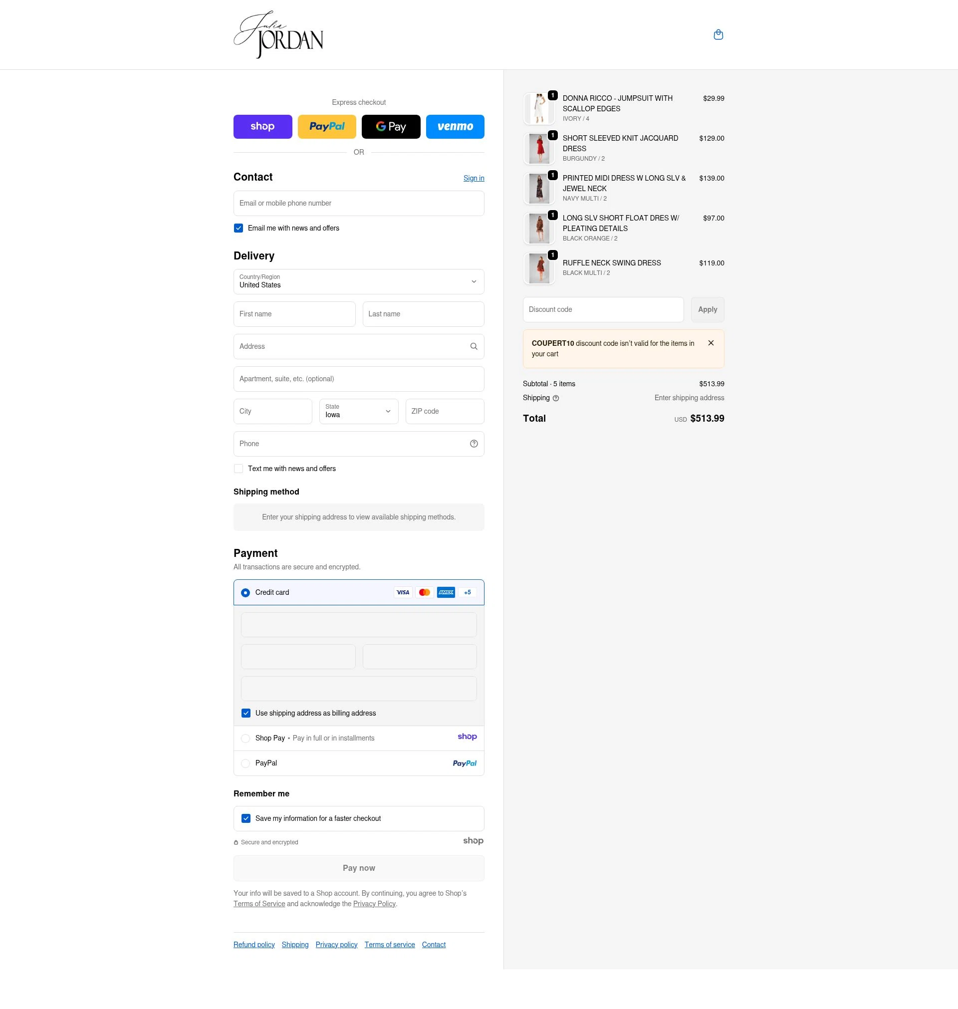 Julia Jordan checkout page showing Julia Jordan promo code box | Screenshot taken by SimplyCodes community member on Dec 20, 2025