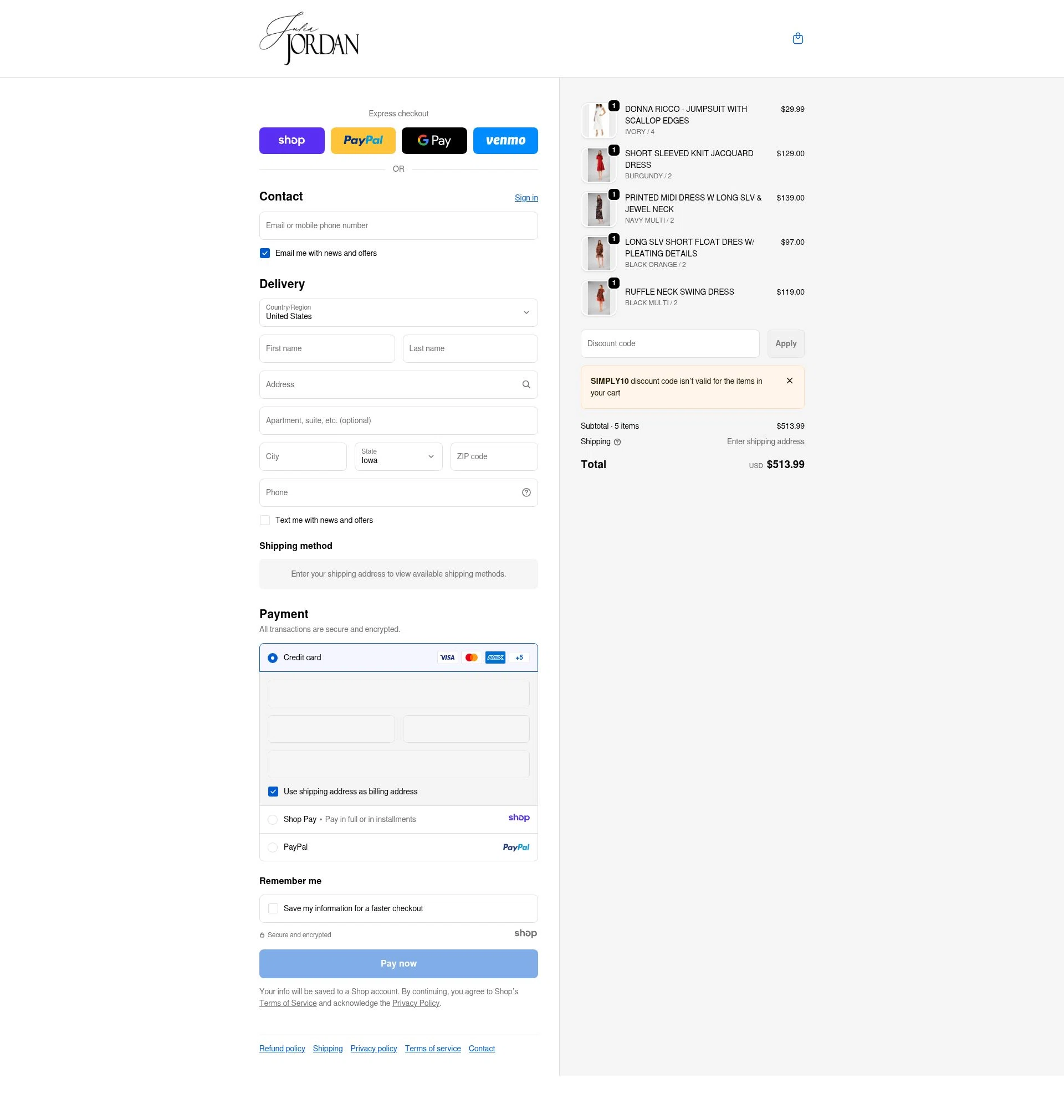 Julia Jordan checkout page showing Julia Jordan promo code box | Screenshot taken by SimplyCodes community member on Dec 26, 2025