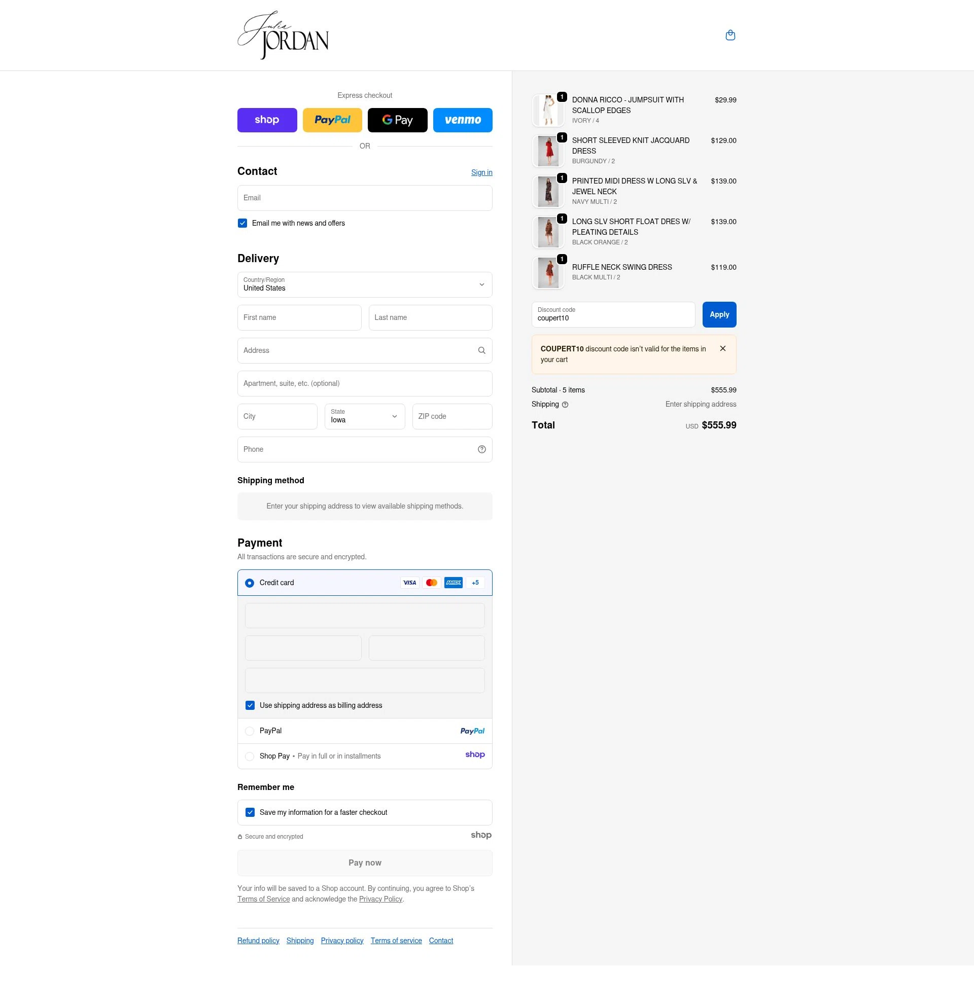 Julia Jordan checkout page showing Julia Jordan promo code box | Screenshot taken by SimplyCodes community member on Dec 13, 2025