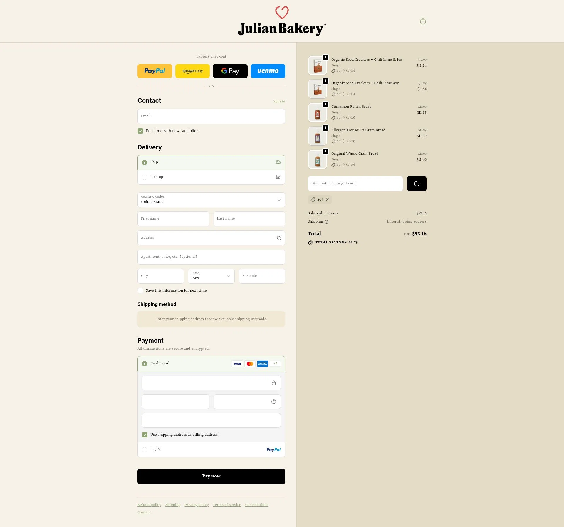 Julian Bakery checkout page showing Julian Bakery promo code box | Screenshot taken by SimplyCodes community member on Feb 5, 2026