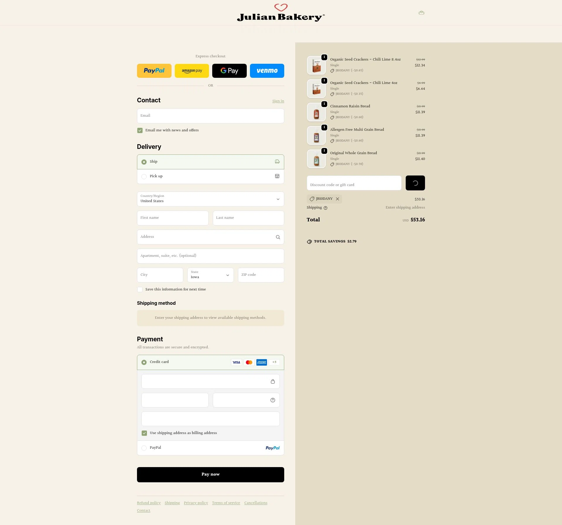 Julian Bakery checkout page showing Julian Bakery promo code box | Screenshot taken by SimplyCodes community member on Feb 5, 2026