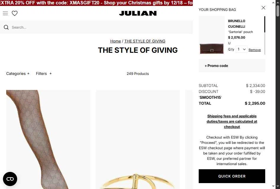 Julian Fashion checkout page showing Julian Fashion promo code box | Screenshot taken by SimplyCodes community member on Dec 6, 2025