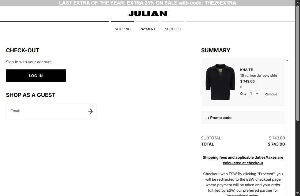 Julian Fashion checkout page showing Julian Fashion promo code box | Screenshot taken by SimplyCodes community member on Dec 28, 2025