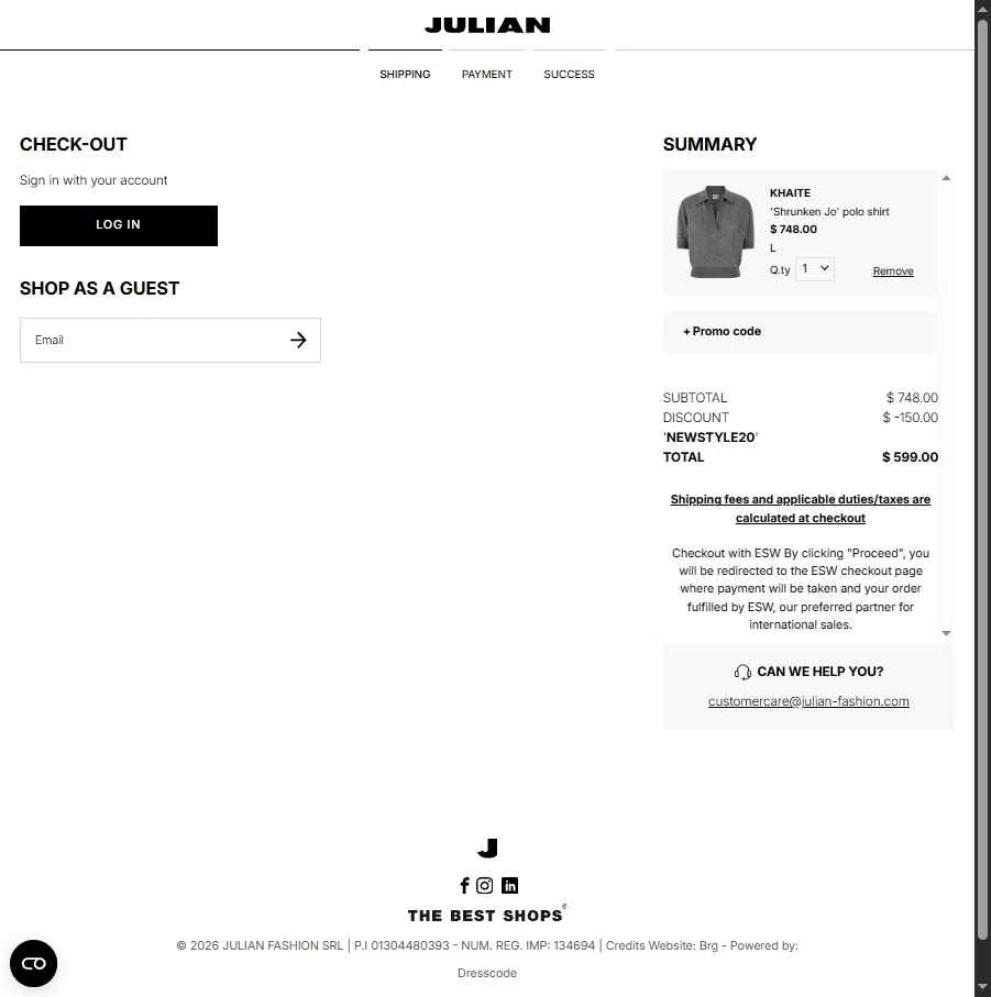 Julian Fashion checkout page showing Julian Fashion promo code box | Screenshot taken by SimplyCodes community member on Feb 2, 2026