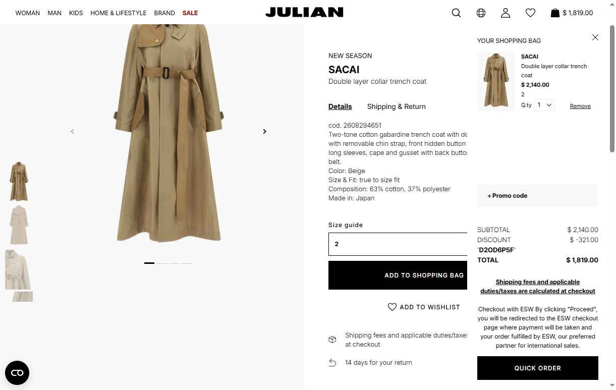 Julian Fashion checkout page showing Julian Fashion promo code box | Screenshot taken by SimplyCodes community member on Feb 9, 2026