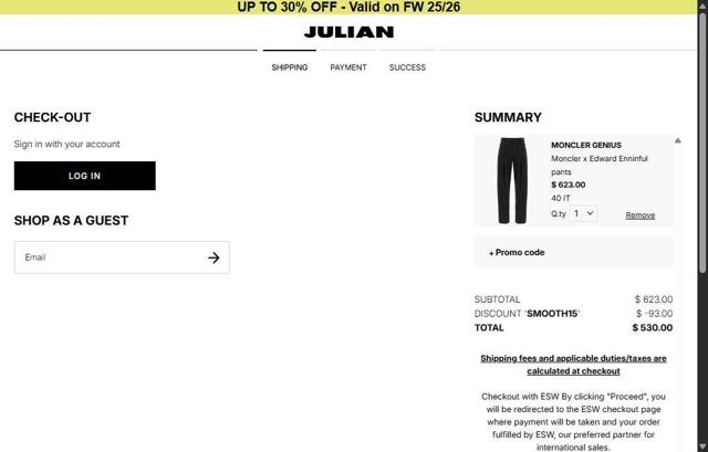 Julian Fashion checkout page showing Julian Fashion promo code box | Screenshot taken by SimplyCodes community member on Sep 10, 2025