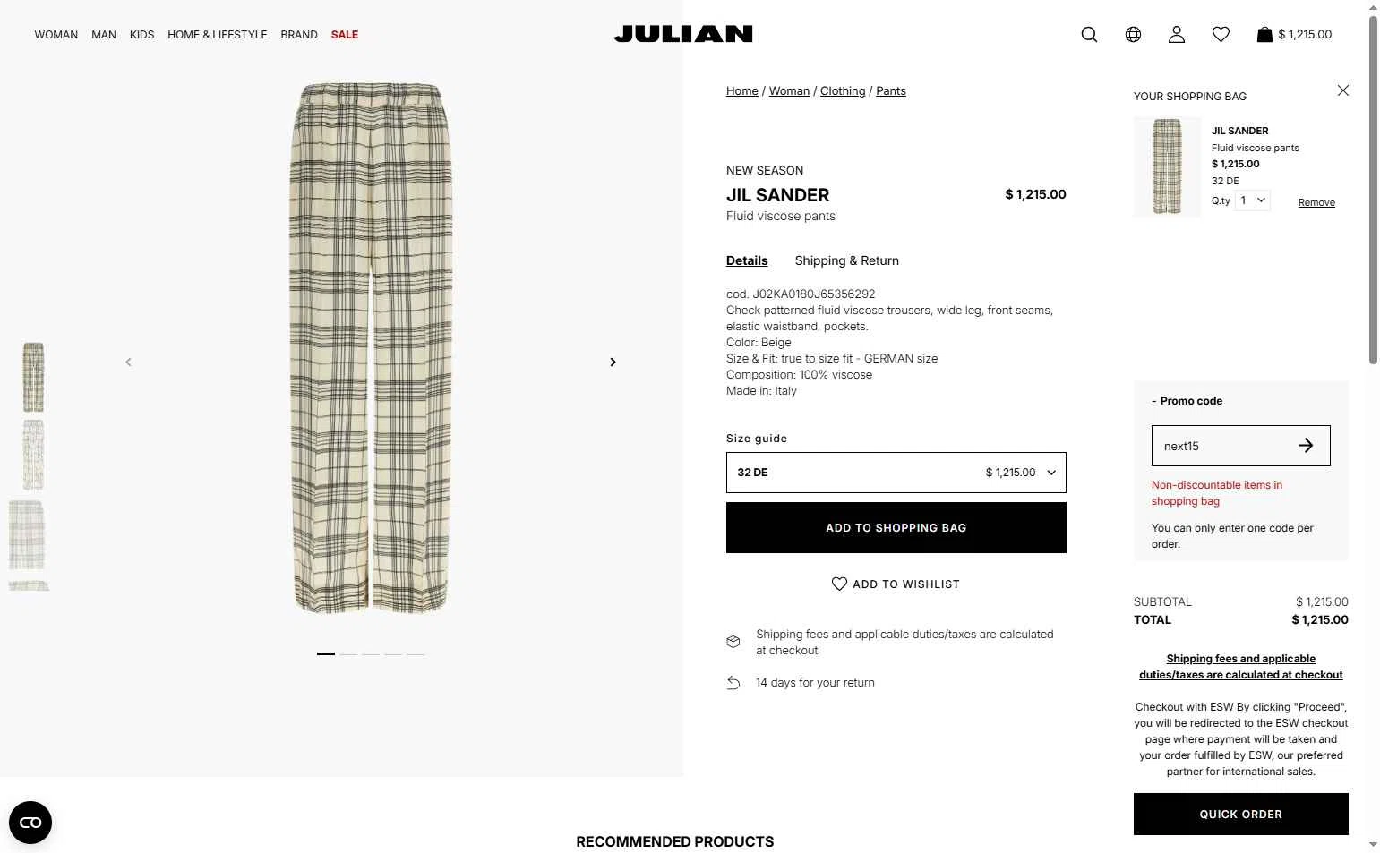 Julian Fashion checkout page showing Julian Fashion promo code box | Screenshot taken by SimplyCodes community member on Feb 2, 2026