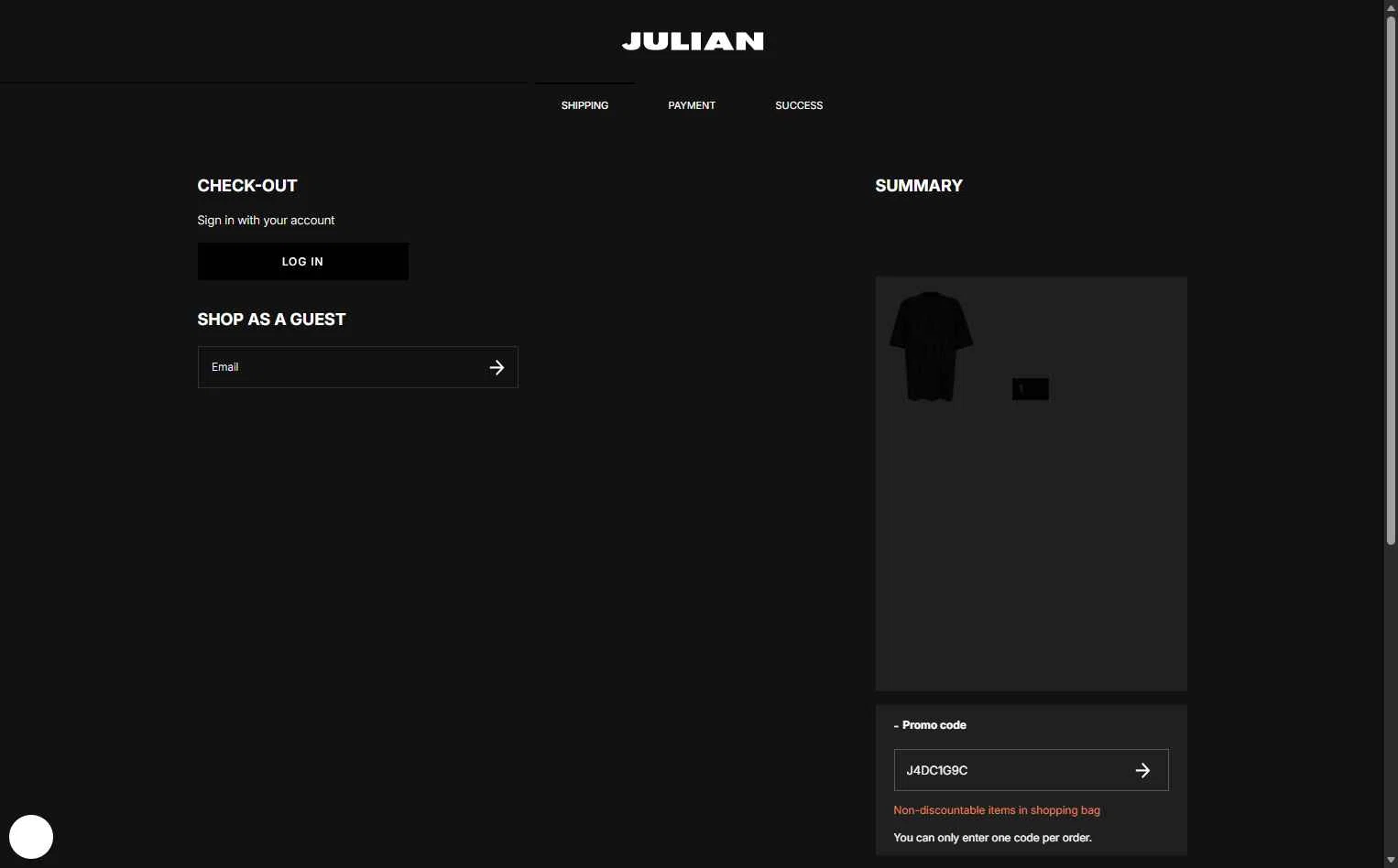 Julian Fashion checkout page showing Julian Fashion promo code box | Screenshot taken by SimplyCodes community member on Jan 17, 2026