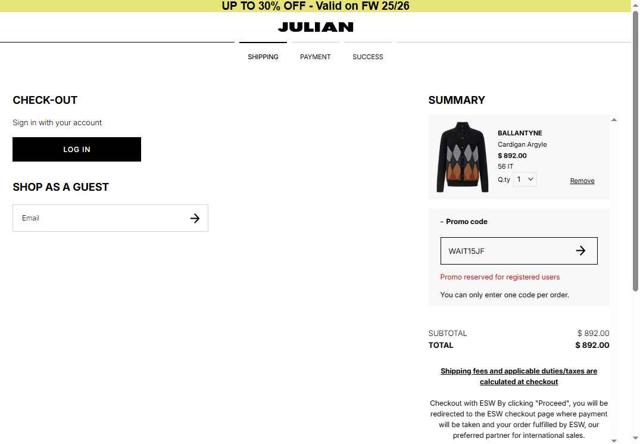 Julian Fashion checkout page showing Julian Fashion promo code box | Screenshot taken by SimplyCodes community member on Sep 9, 2025