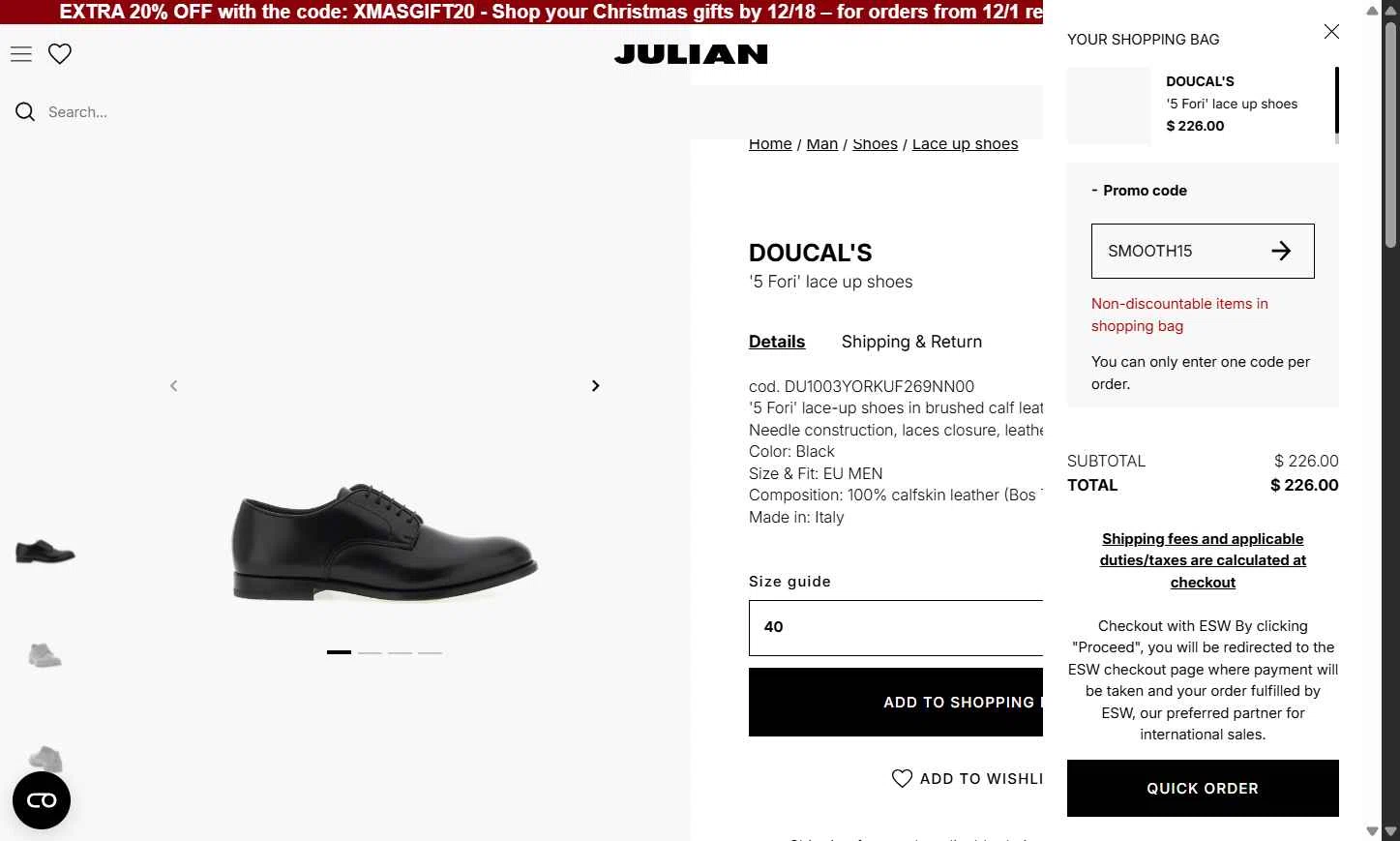 Julian Fashion checkout page showing Julian Fashion promo code box | Screenshot taken by SimplyCodes community member on Dec 17, 2025