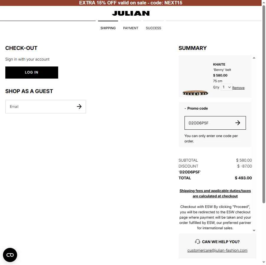 Julian Fashion checkout page showing Julian Fashion promo code box | Screenshot taken by SimplyCodes community member on Jan 22, 2026