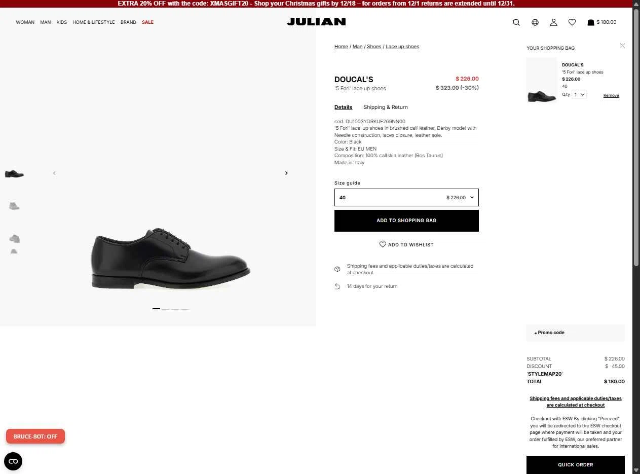 Julian Fashion checkout page showing Julian Fashion promo code box | Screenshot taken by SimplyCodes community member on Dec 13, 2025