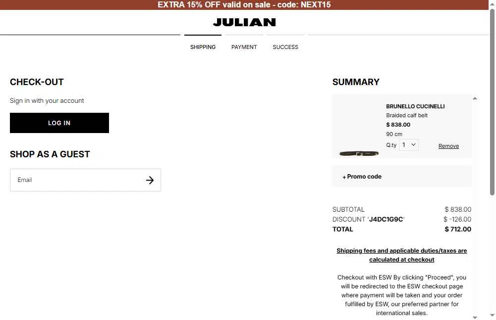 Julian Fashion checkout page showing Julian Fashion promo code box | Screenshot taken by SimplyCodes community member on Jan 28, 2026