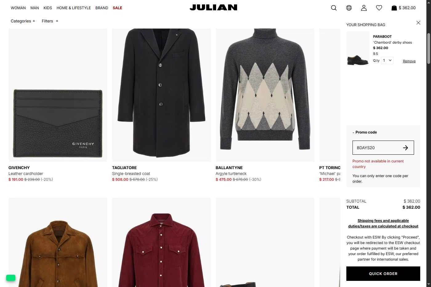 Julian Fashion checkout page showing Julian Fashion promo code box | Screenshot taken by SimplyCodes community member on Dec 6, 2025