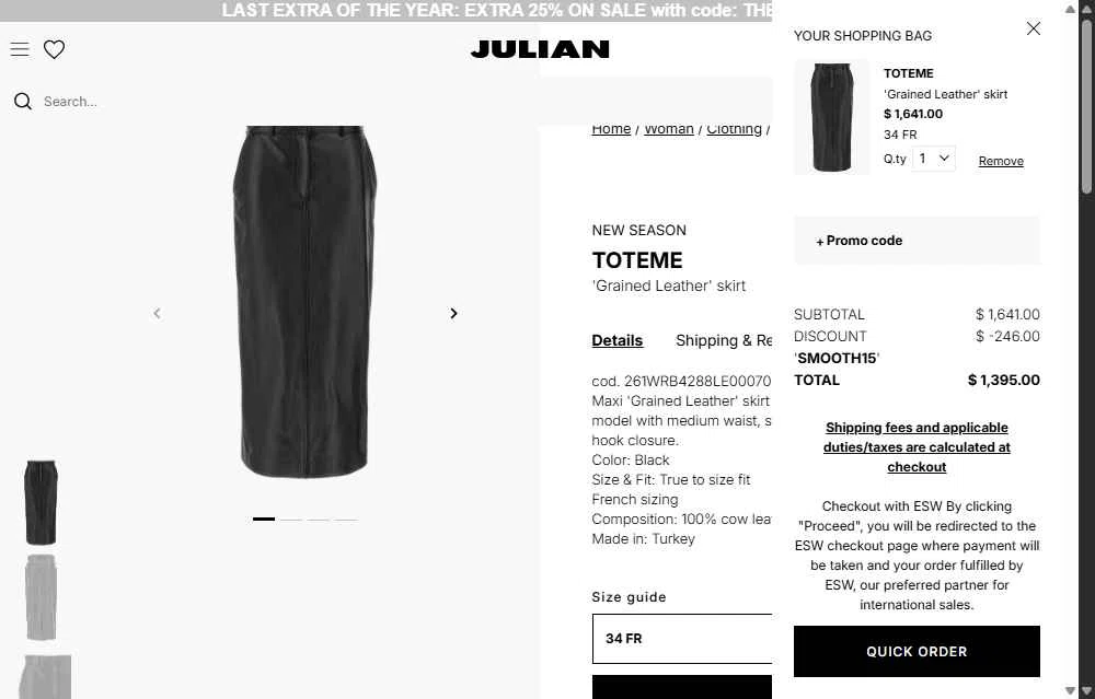 Julian Fashion checkout page showing Julian Fashion promo code box | Screenshot taken by SimplyCodes community member on Dec 28, 2025