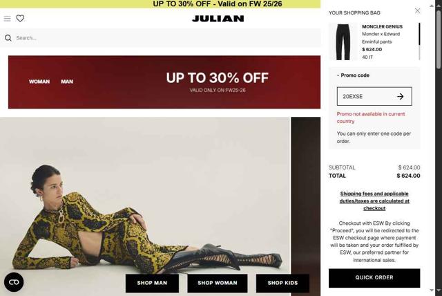 Julian Fashion checkout page showing Julian Fashion promo code box | Screenshot taken by SimplyCodes community member on Sep 11, 2025