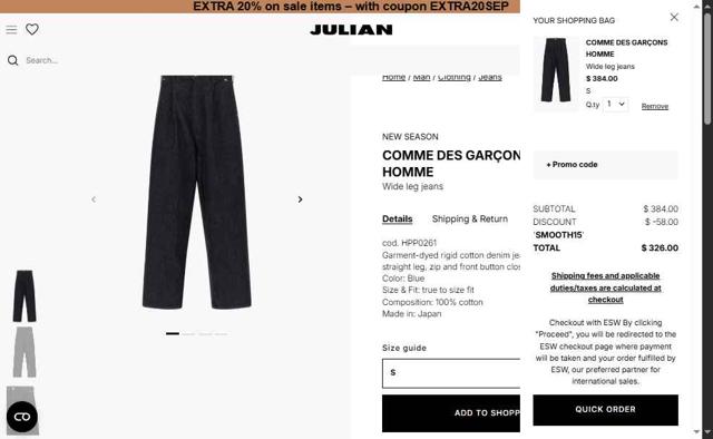 Julian Fashion checkout page showing Julian Fashion promo code box | Screenshot taken by SimplyCodes community member on Sep 29, 2025