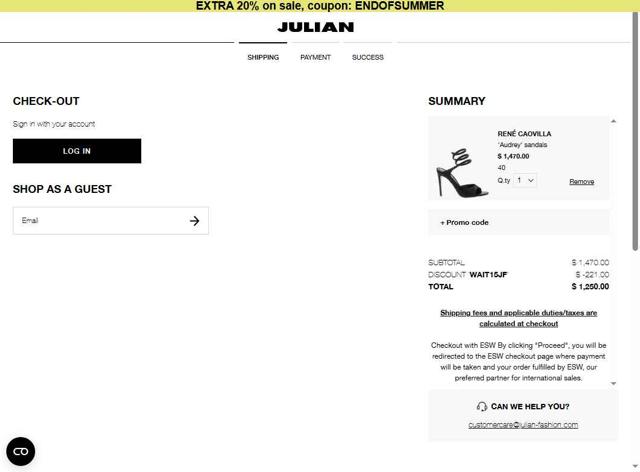 Julian Fashion checkout page showing Julian Fashion promo code box | Screenshot taken by SimplyCodes community member on Aug 24, 2025