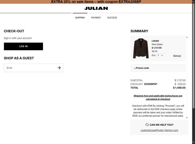 Julian Fashion checkout page showing Julian Fashion promo code box | Screenshot taken by SimplyCodes community member on Sep 29, 2025