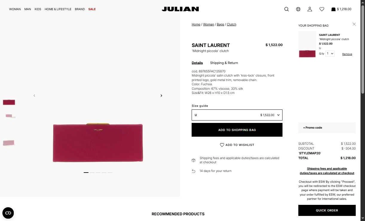 Julian Fashion checkout page showing Julian Fashion promo code box | Screenshot taken by SimplyCodes community member on Dec 2, 2025