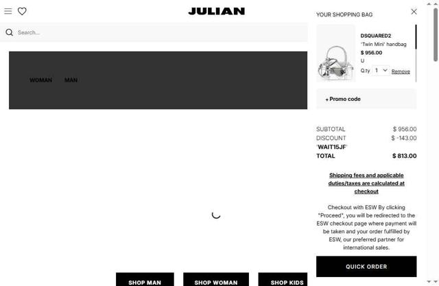 Julian Fashion checkout page showing Julian Fashion promo code box | Screenshot taken by SimplyCodes community member on Sep 1, 2025