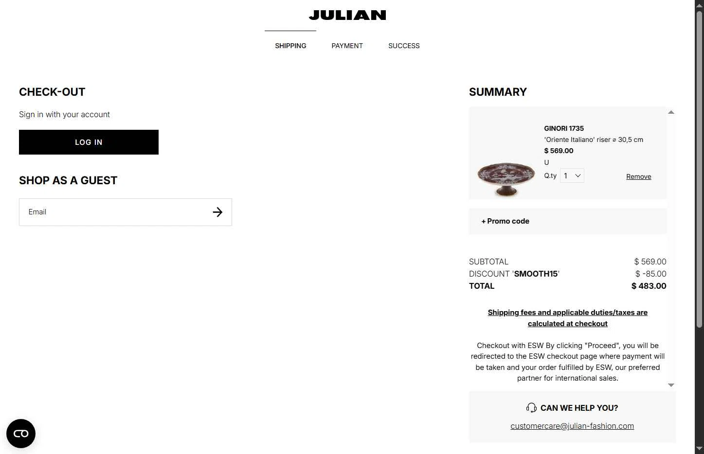 Julian Fashion checkout page showing Julian Fashion promo code box | Screenshot taken by SimplyCodes community member on Jan 17, 2026