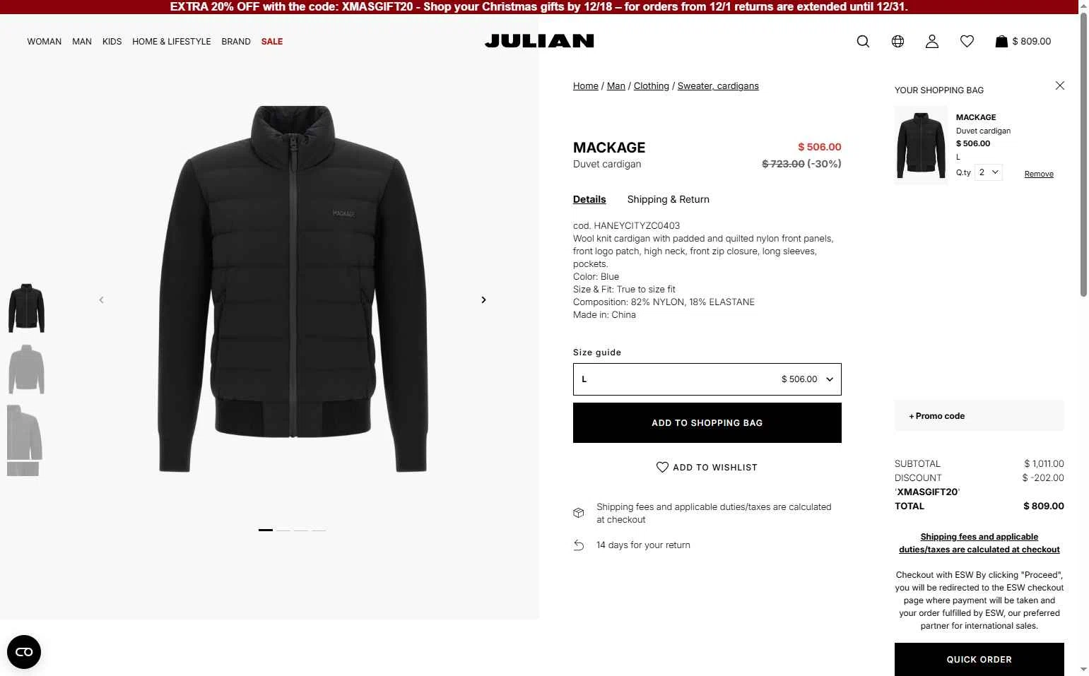 Julian Fashion checkout page showing Julian Fashion promo code box | Screenshot taken by SimplyCodes community member on Dec 16, 2025