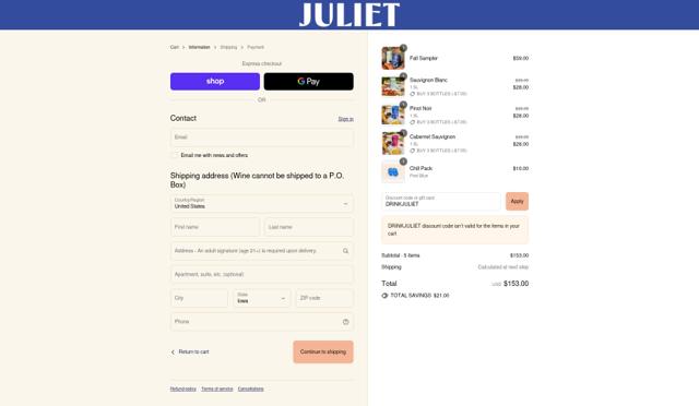 Juliet checkout page showing Juliet promo code box | Screenshot taken by SimplyCodes community member on Sep 12, 2025