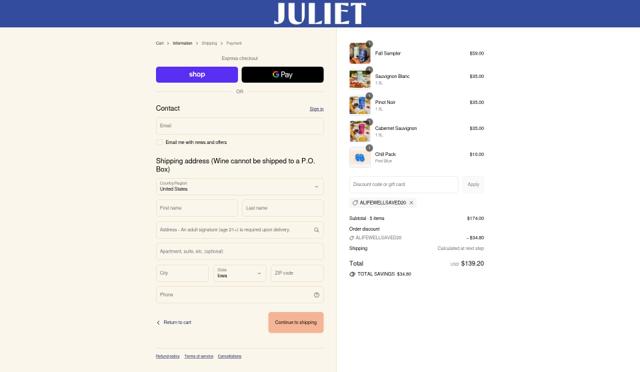 Juliet checkout page showing Juliet promo code box | Screenshot taken by SimplyCodes community member on Sep 12, 2025
