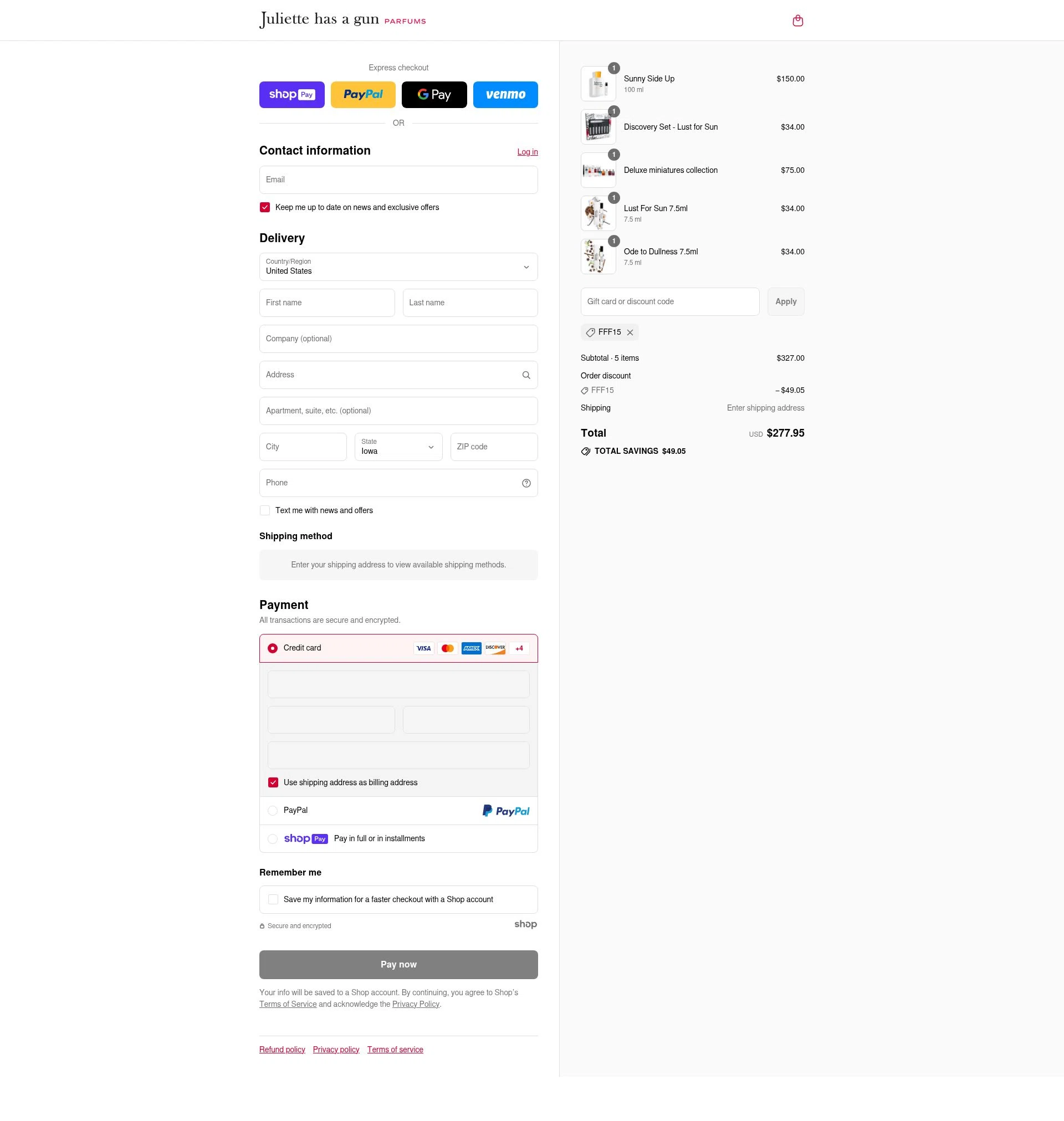 Juliette has a Gun checkout page showing Juliette has a Gun discount code box | Screenshot taken by SimplyCodes community member on Jul 30, 2025