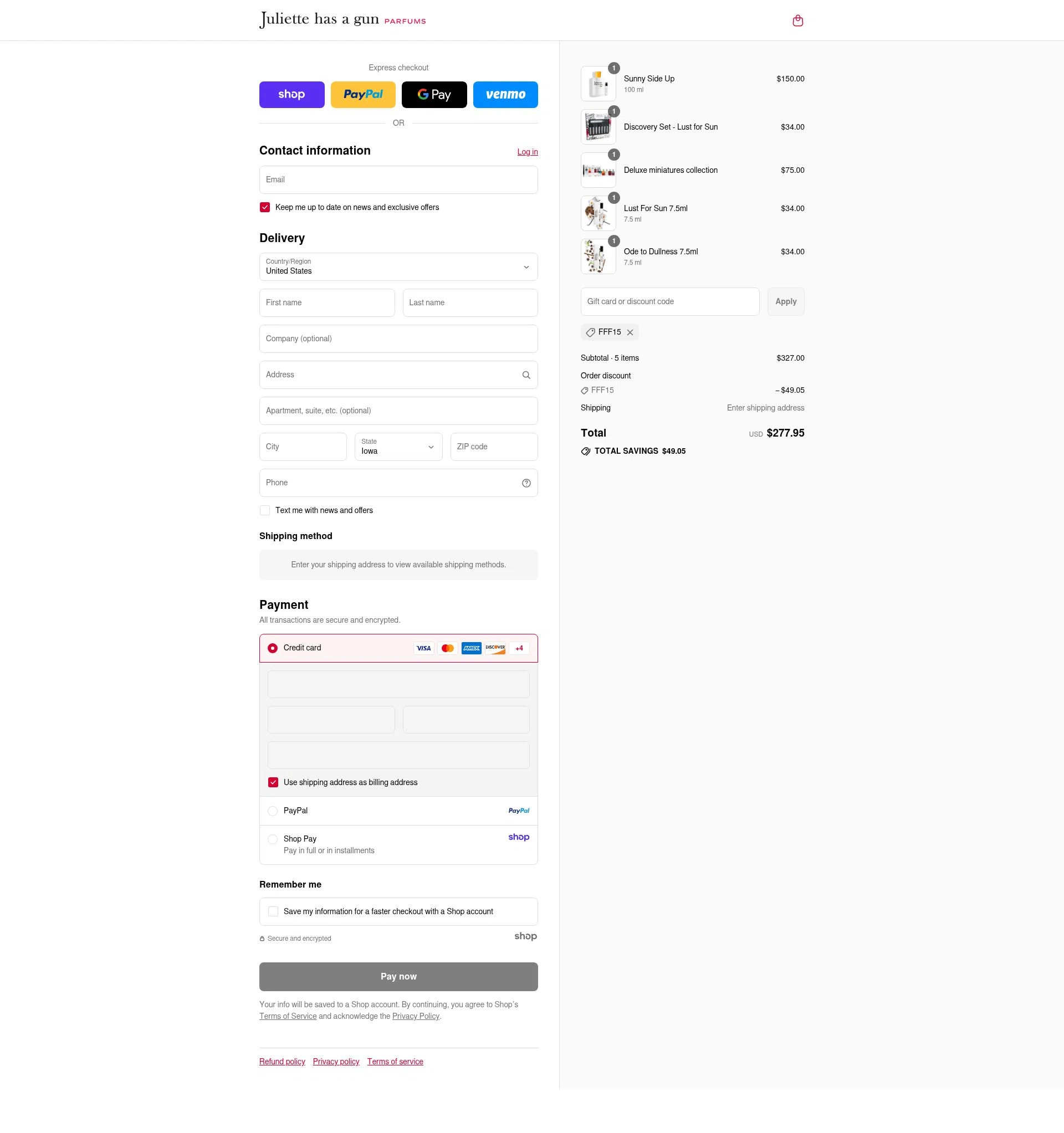 Juliette has a Gun checkout page showing Juliette has a Gun discount code box | Screenshot taken by SimplyCodes community member on Aug 29, 2025