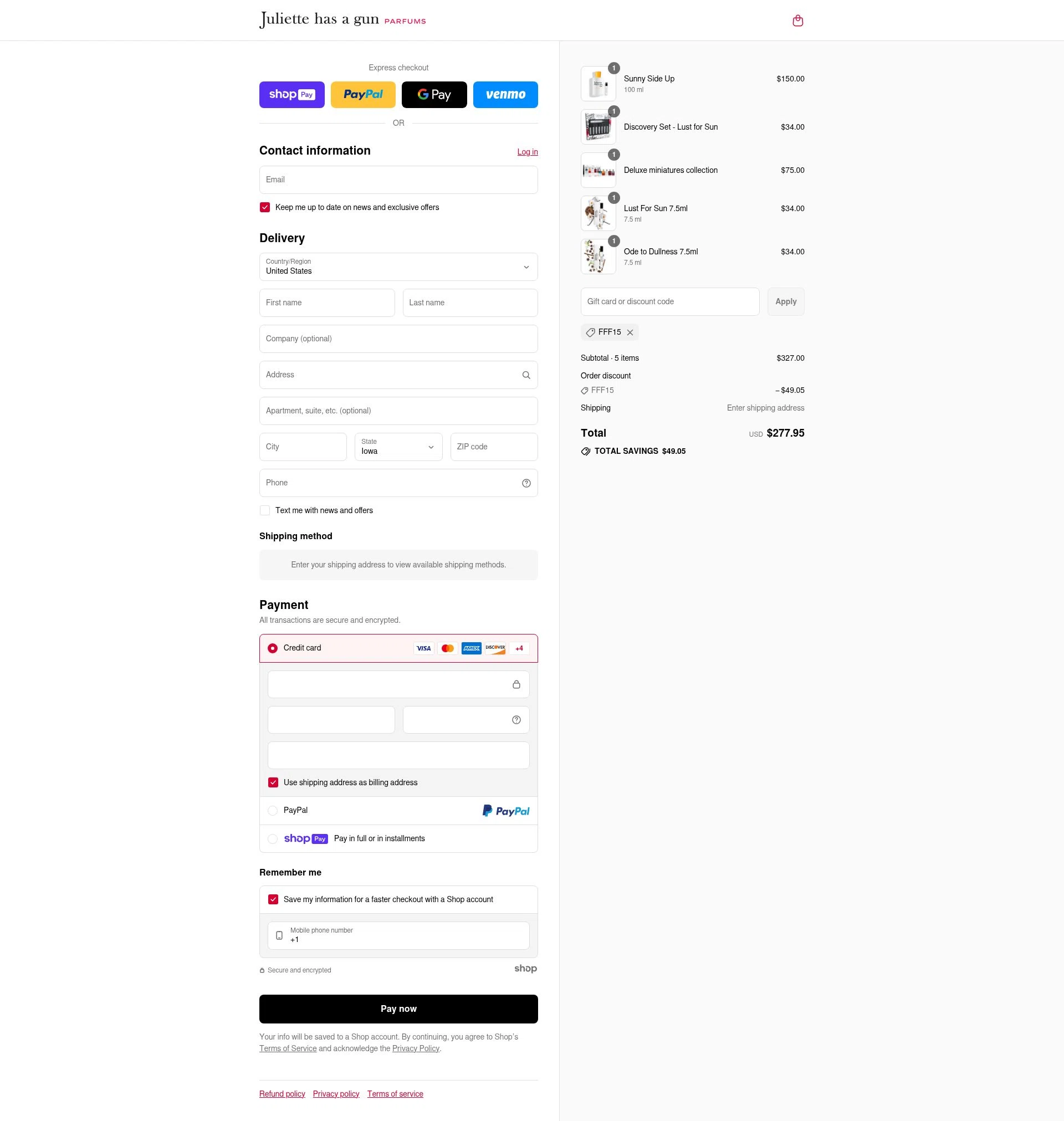 Juliette has a Gun checkout page showing Juliette has a Gun discount code box | Screenshot taken by SimplyCodes community member on Jul 26, 2025