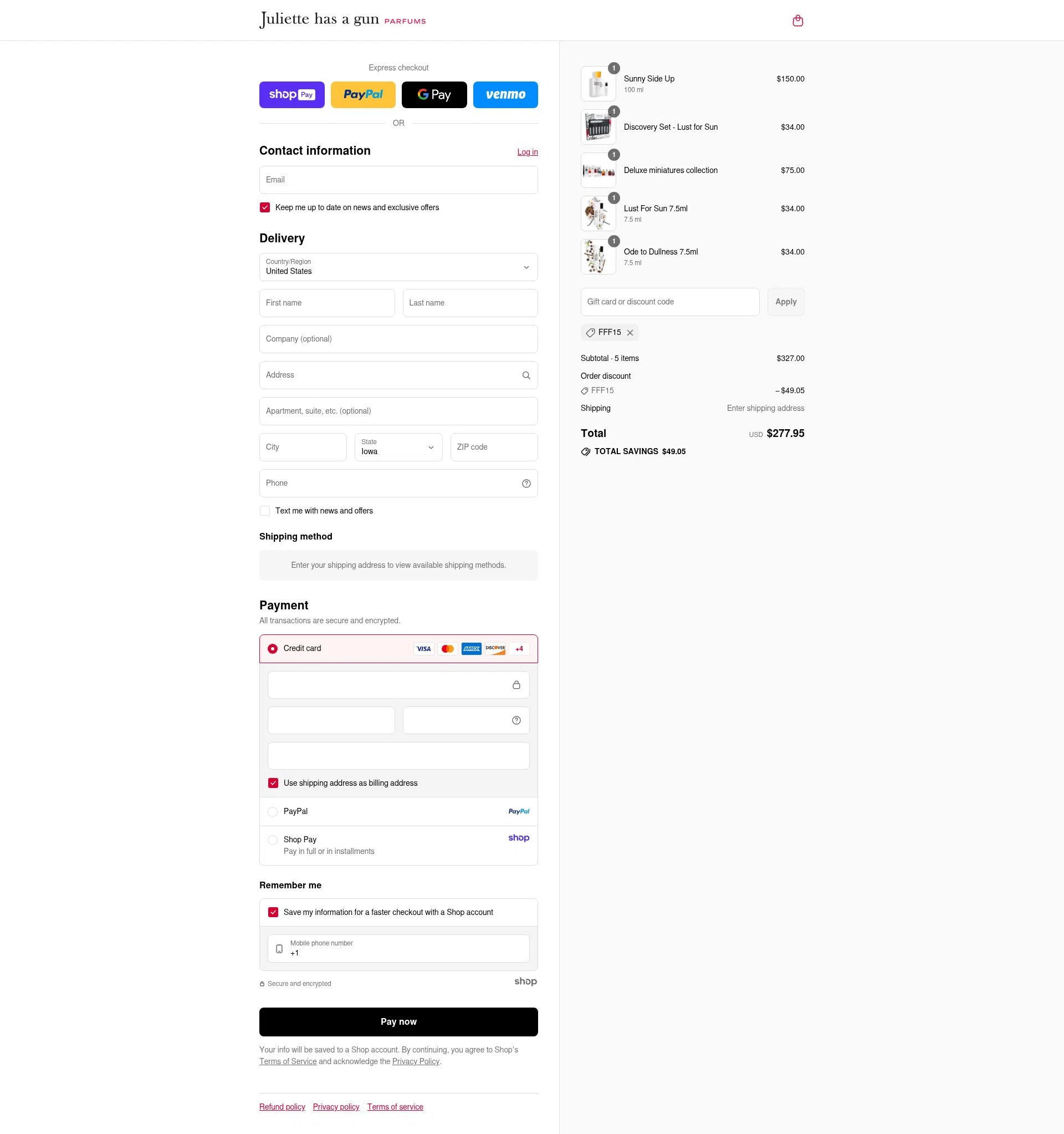 Juliette has a Gun checkout page showing Juliette has a Gun discount code box | Screenshot taken by SimplyCodes community member on Aug 16, 2025