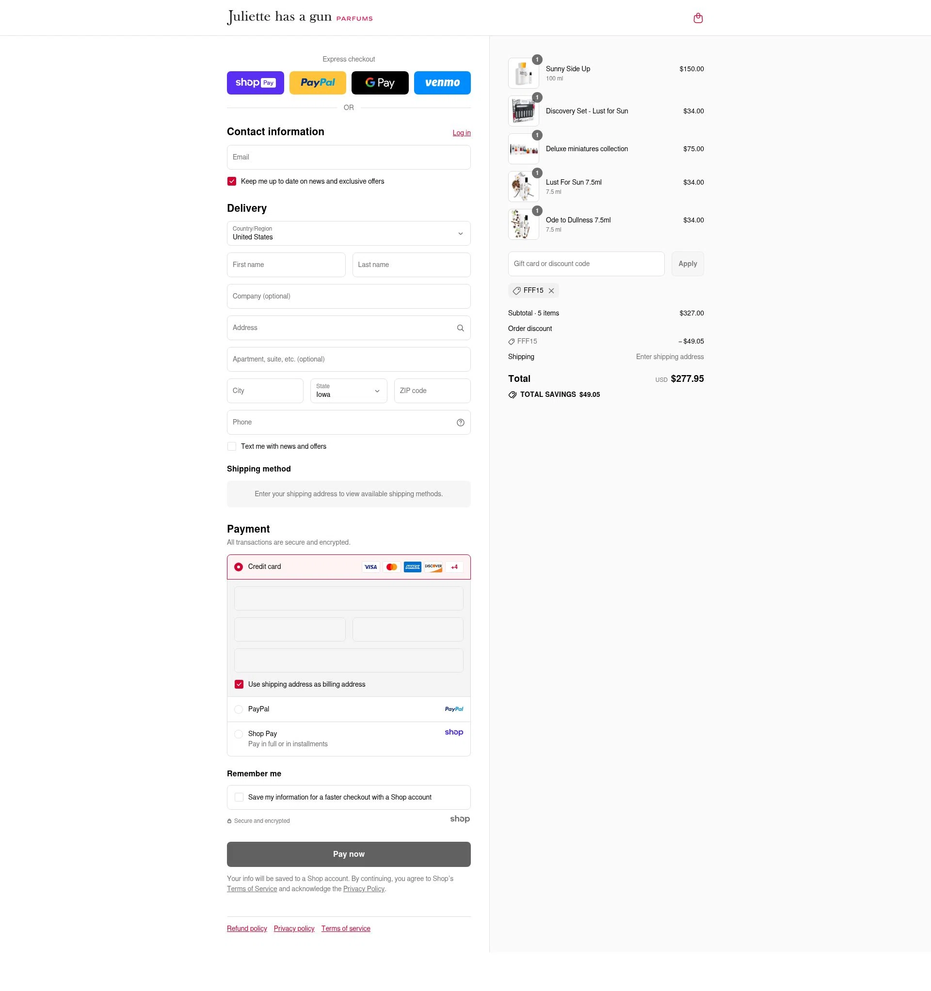 Juliette has a Gun checkout page showing Juliette has a Gun discount code box | Screenshot taken by SimplyCodes community member on Aug 21, 2025