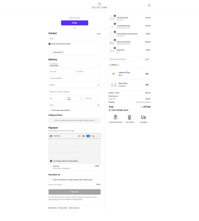 Julie Vos checkout page showing Julie Vos discount code box | Screenshot taken by SimplyCodes community member on Aug 31, 2025