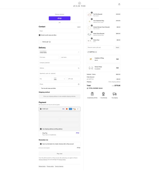 Julie Vos checkout page showing Julie Vos discount code box | Screenshot taken by SimplyCodes community member on Sep 4, 2025
