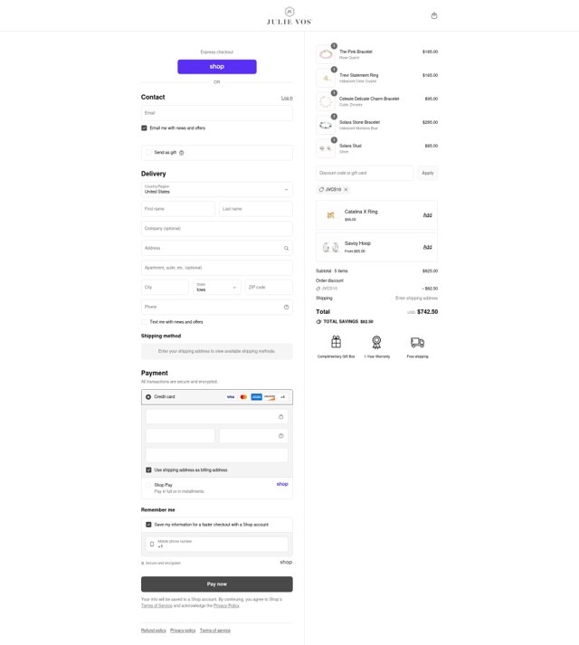 Julie Vos checkout page showing Julie Vos discount code box | Screenshot taken by SimplyCodes community member on Sep 4, 2025