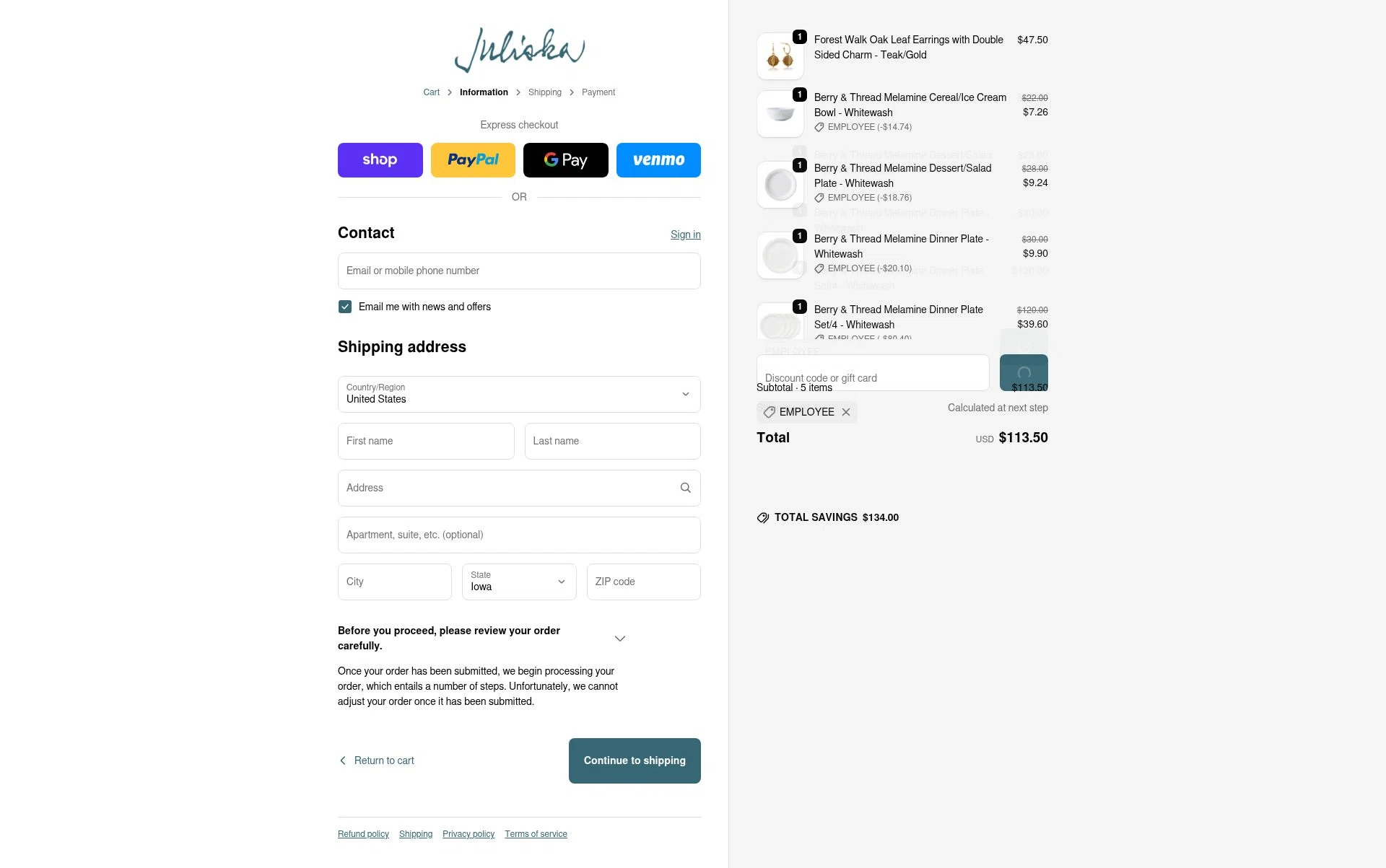 Juliska checkout page showing Juliska discount code box | Screenshot taken by SimplyCodes community member on Jan 6, 2026
