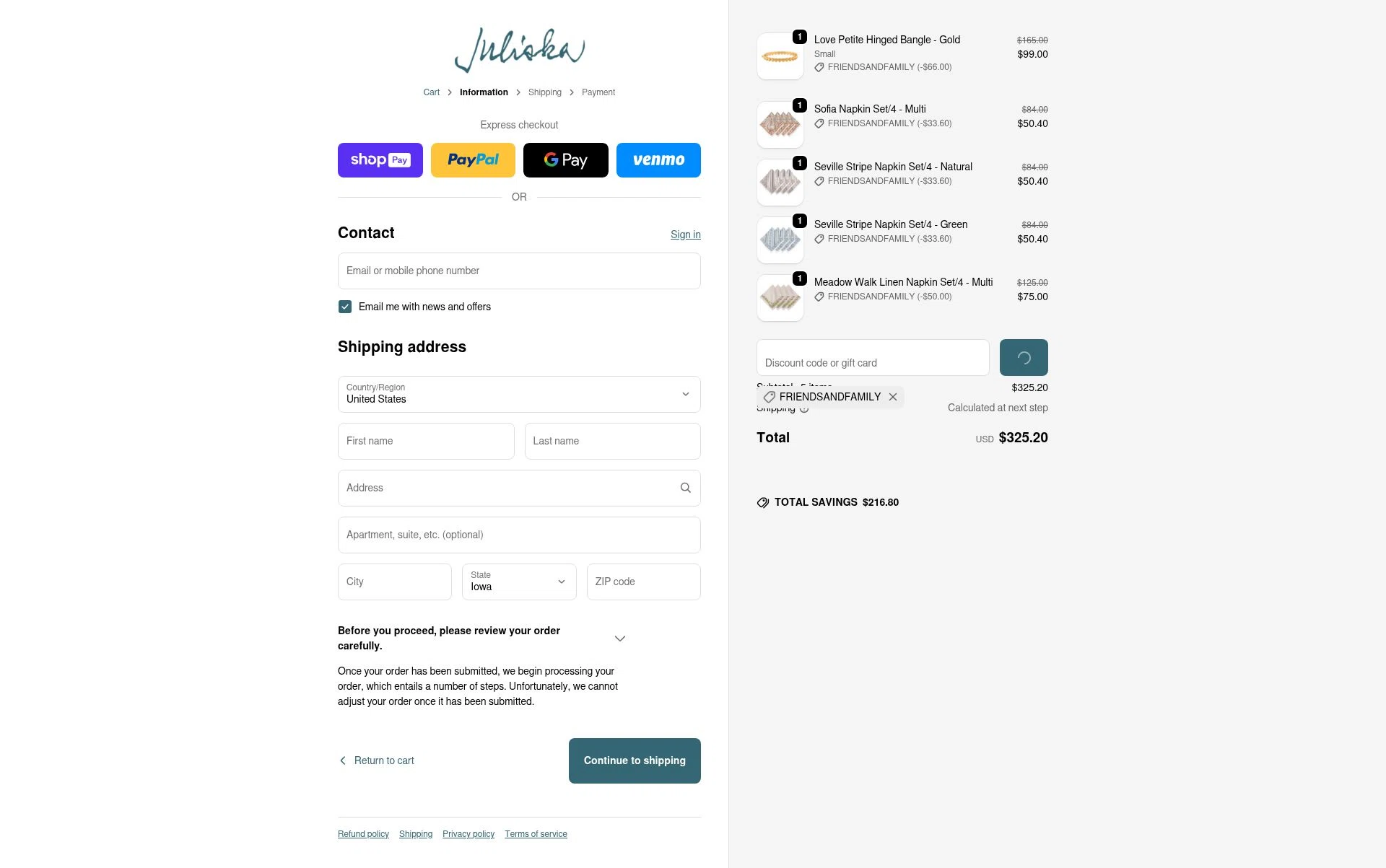Juliska checkout page showing Juliska discount code box | Screenshot taken by SimplyCodes community member on Jan 11, 2026