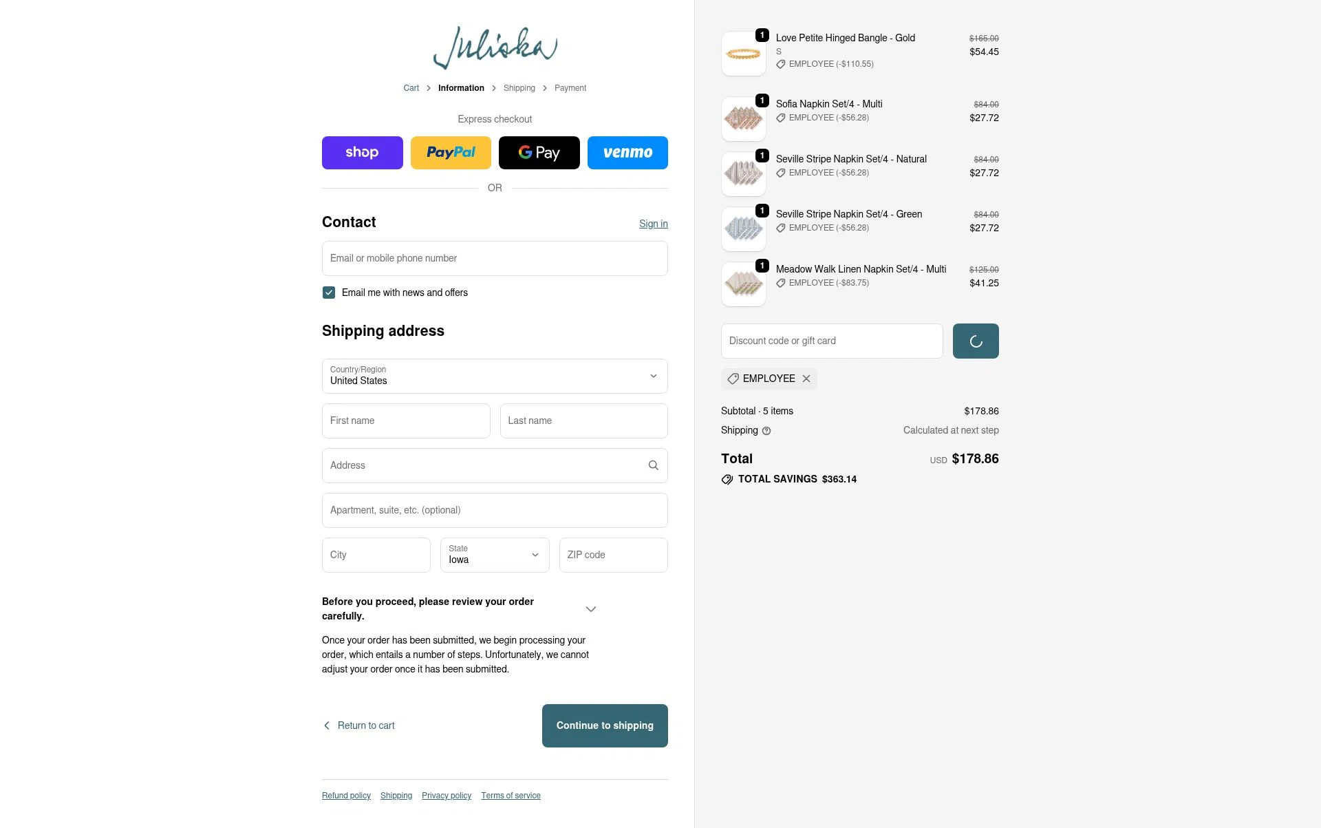 Juliska checkout page showing Juliska discount code box | Screenshot taken by SimplyCodes community member on Feb 3, 2026