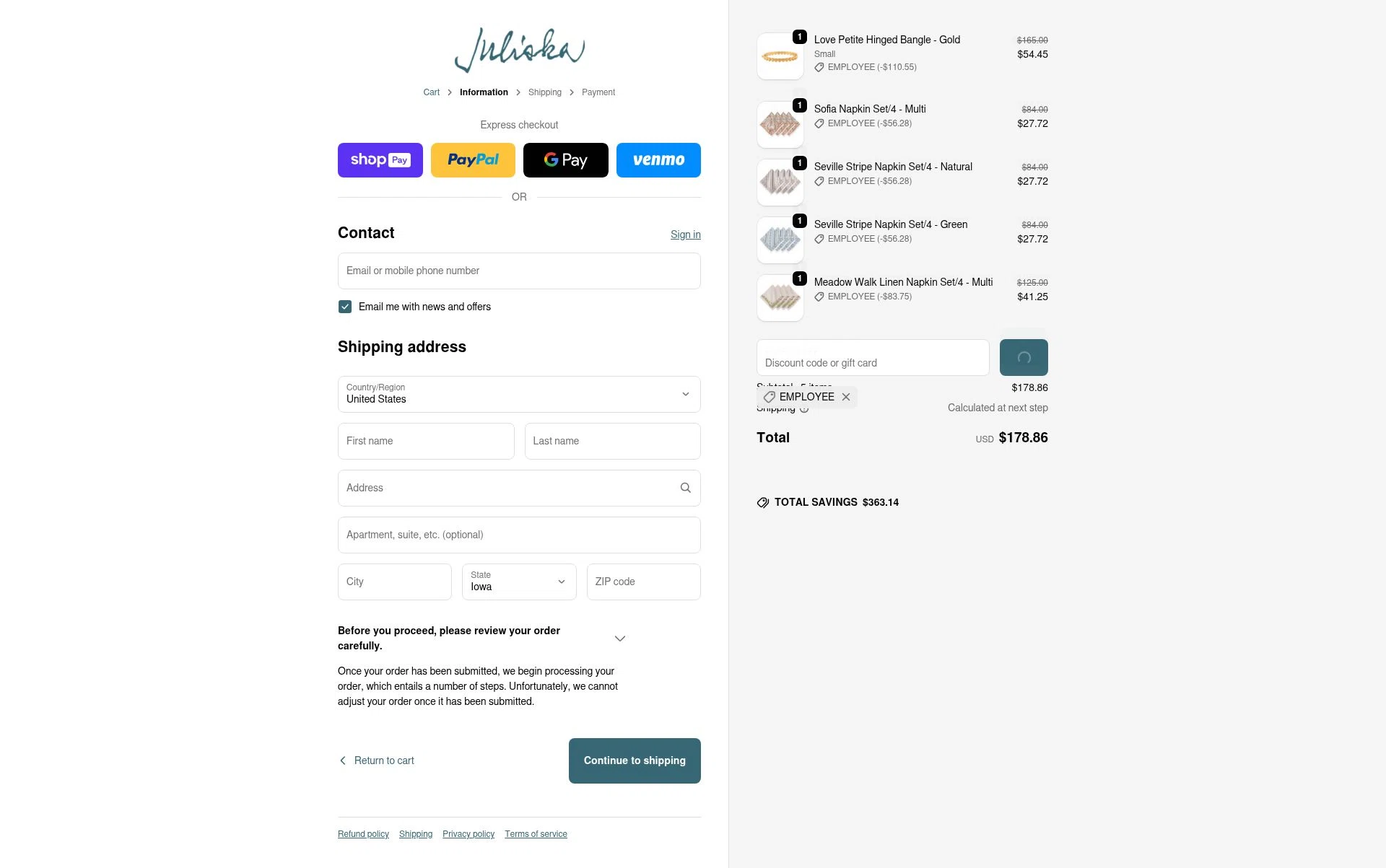 Juliska checkout page showing Juliska discount code box | Screenshot taken by SimplyCodes community member on Jan 11, 2026