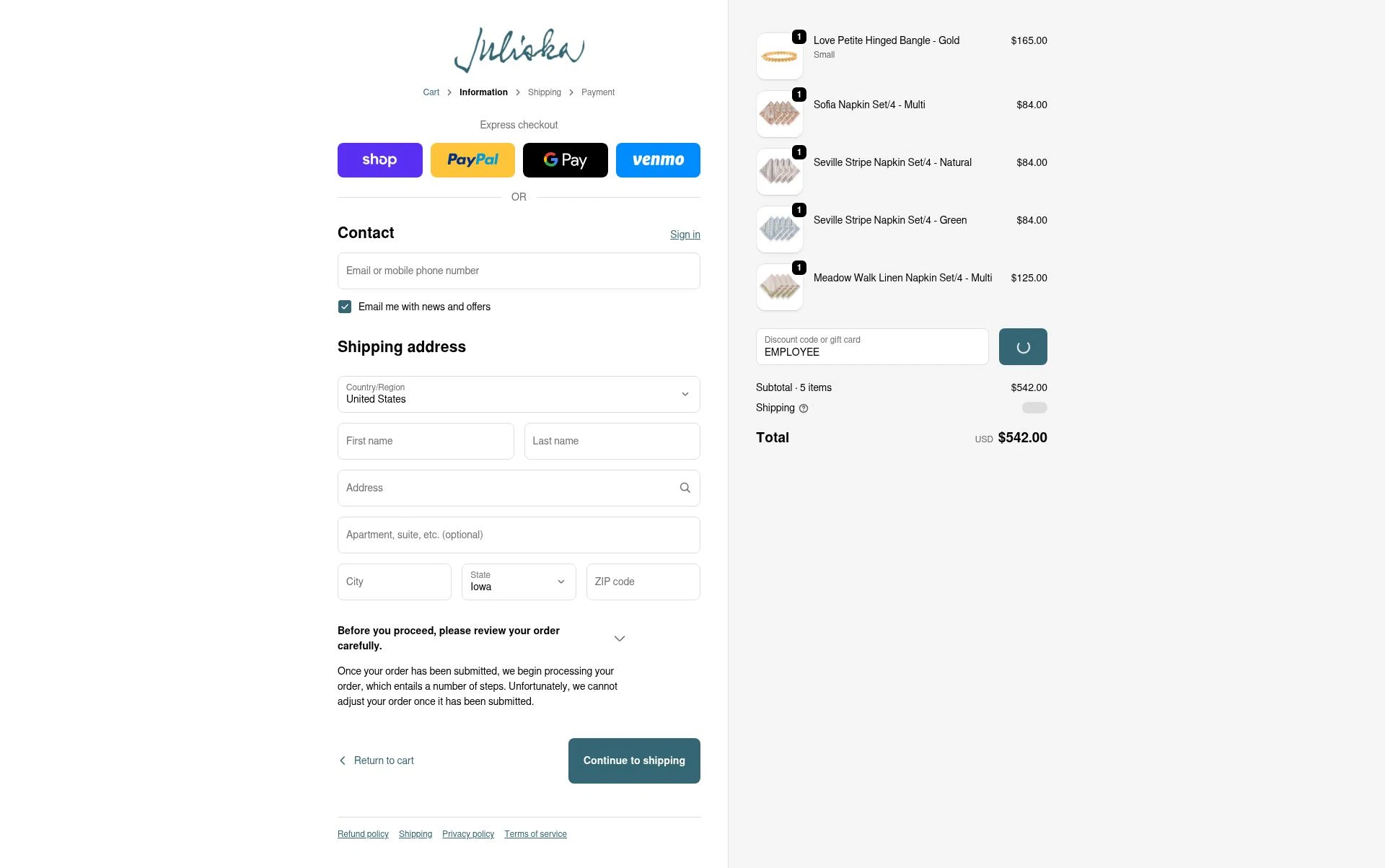 Juliska checkout page showing Juliska discount code box | Screenshot taken by SimplyCodes community member on Jan 16, 2026